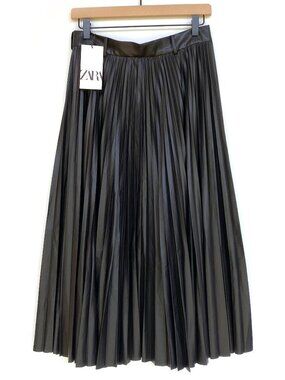 Zara NWT Black Faux Leather Accordion Pleated Belted Midi Skirt M